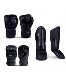 MMA Ground Game Stripe Schwarz Boxhandschuhe Sparring Handschuhe Tibia Protektoren Set
