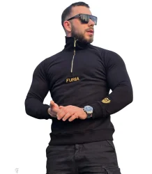FURIA Herren-Sweatshirt ohne Kapuze, schwarz, mit Reißverschluss – BASIC Black